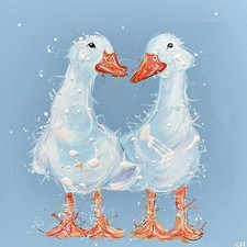 Gänse auf blauem Original Acryl Gemälde auf 40x40cm Leinwand