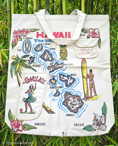 White Hawaii Islands Graphic Print Reusable Tote Bag w/ Inner Pocket 18x13