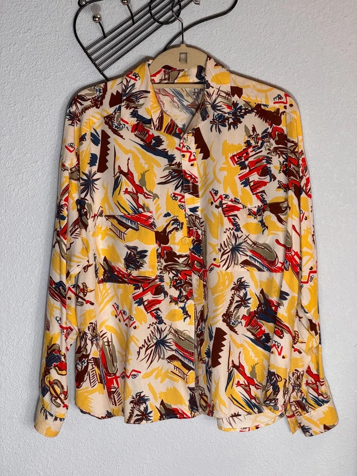 Vintage 1950s Mexican Themed, Loose Fit, Hawaiian Long Sleeve Shirt, Rayon - Image 2 of 4