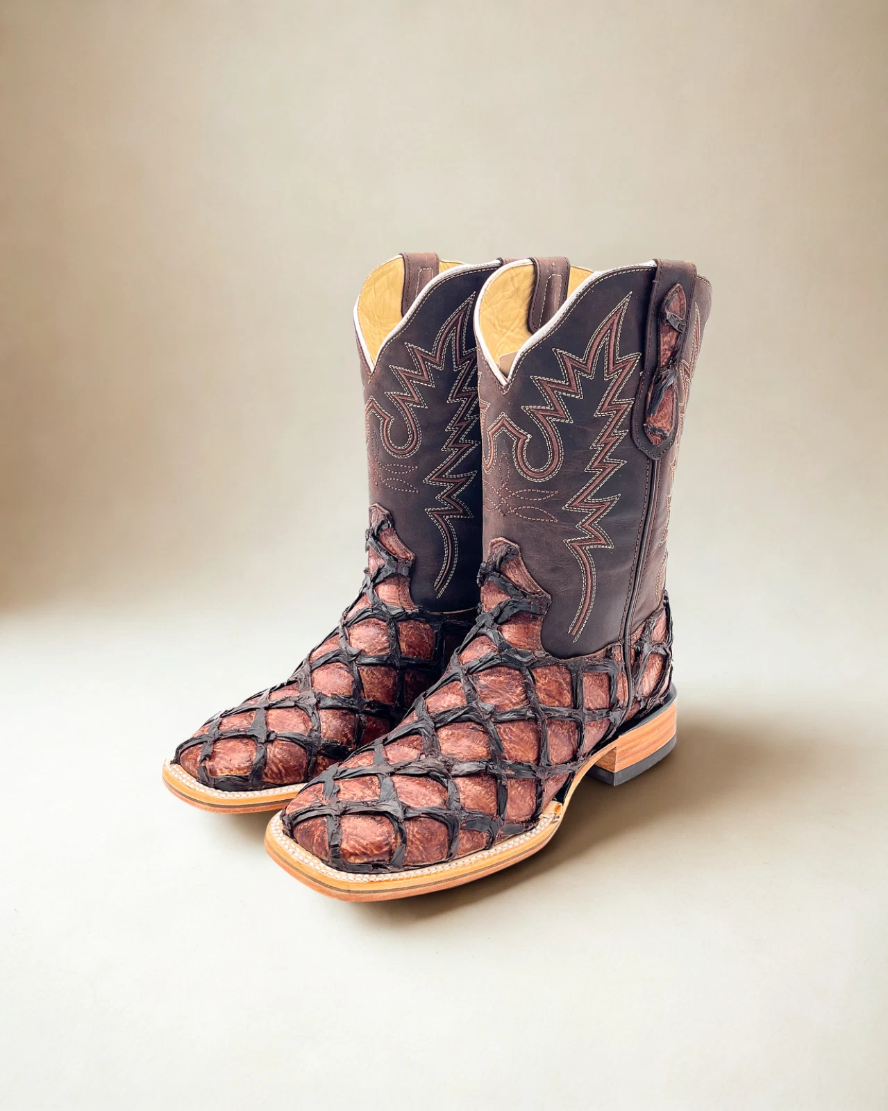 MEN'S COWBOY FISH PIRARUCU PRINT WESTERN SQUARE TOE BOOTS BOTAS PESCADO EXOTIC