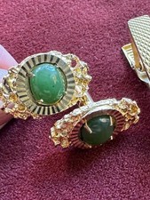 FINE QUALITY VTG 50'S CHINESE 14K PLATED GOLD GREEN JADE MENS CUFFLINKS TIE TAC