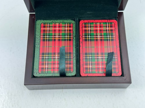 Vintage Inlay Brass Suits Wood Box Holder Playing Cards 2 Deck Poker Scottish - Picture 5 of 6