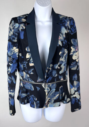 Women's Rebecca Taylor Blue Black Floral Silk Blazer Jacket Size 6 - Picture 2 of 6
