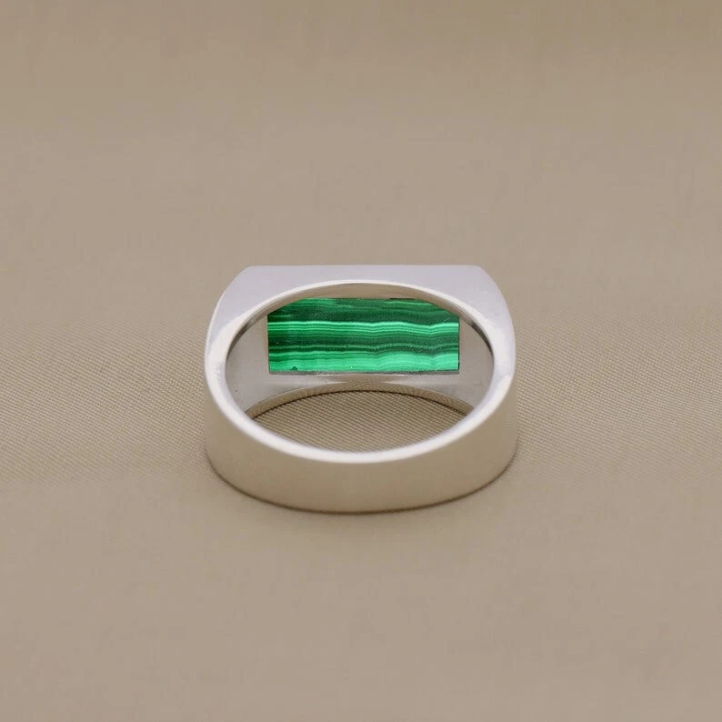 Anillo Malaquita Verde Plata Esterlina 925 Para Hombre Anillo Sello Anillo Regalo Para Él Foto 4 de 4
