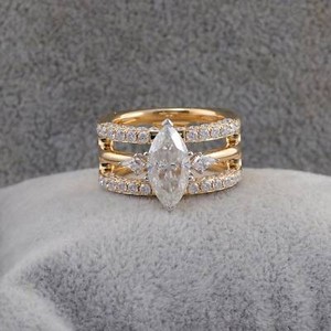 Authentic Art Deco 3 Row Engagement Ring 14K Yellow Gold Plated 1.60CT Marquise Moissanite