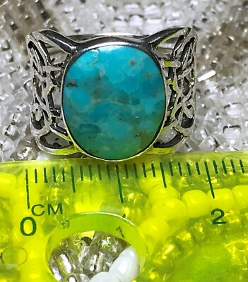 VTG 925 Sterling Silver Oval Turquoise Openwork Ring Signed T
