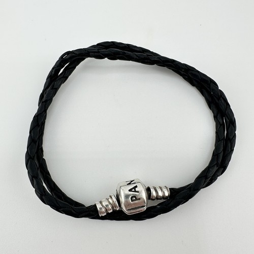 Pandora 925 Sterling Silver Black Braided Leather Wrap Charm 14.5” Bracelet - Picture 3 of 8