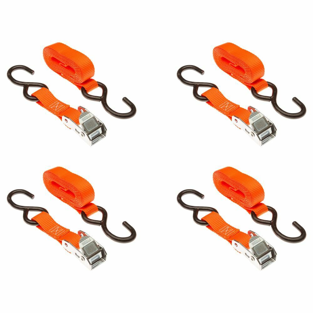 Orange 4-Pack 1" x 6' Cam Buckle Straps with S-Hooks for Cargo Securing