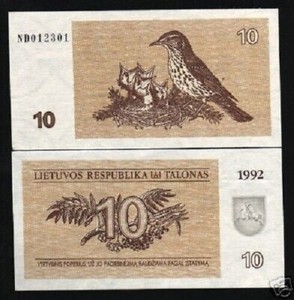 Lithuania 10 TALONAS P-40 1992 Bird UNC Lithuanian World Currency Ex-USSR NOTE