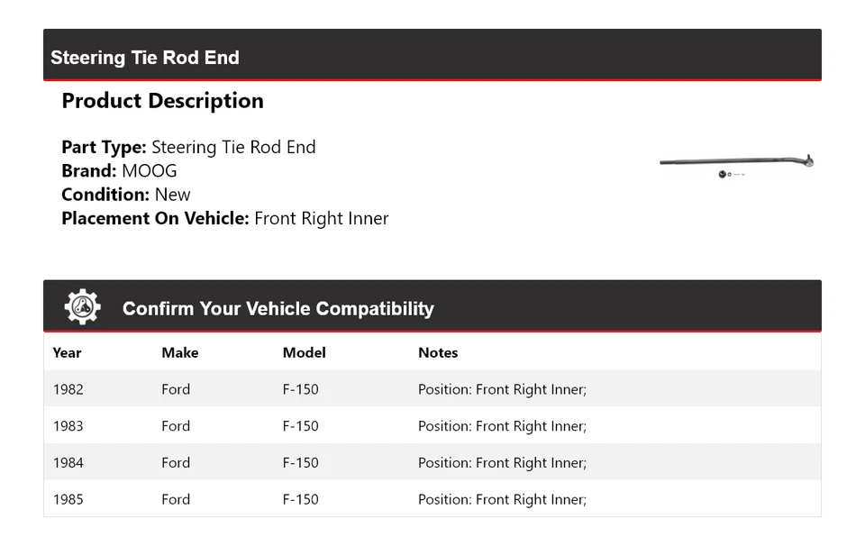 Barra de dirección delantera derecha interior MOOG 1982 1983 Ford F-150 1982-1985 Foto 2 de 4