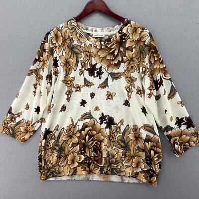 Cathy Daniels Womans Brown Cream Flowers Rhinestone Lightweight Fall Sweater XL