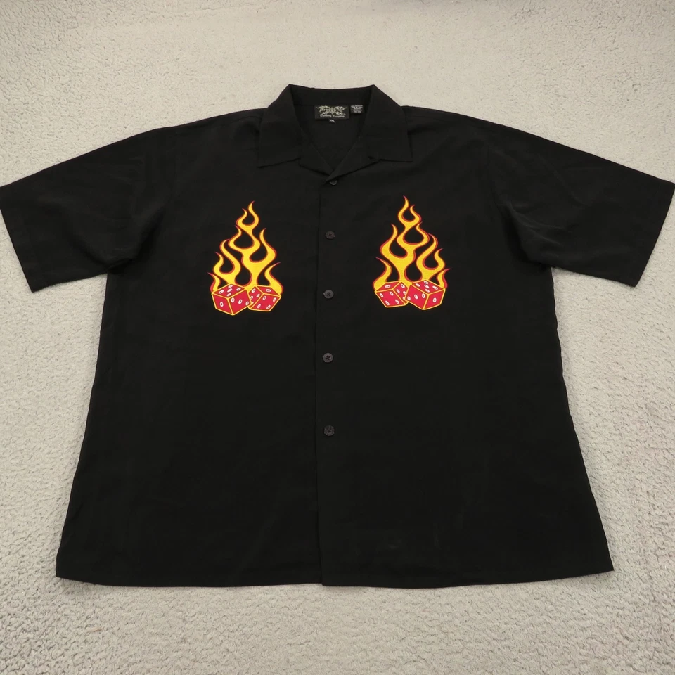 Dragonfly Shirt XXL Mens Black Flaming Dice Gambling Embroidered Loop Button Up - Image 2 of 4