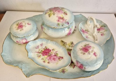Antikes Porzellan Schminktisch Waschtisch Set 6-teilig blau rosa Rosen 4479 Streichholz