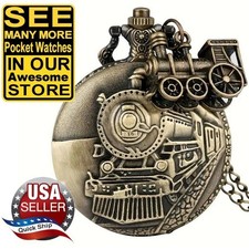 Locomotive Steam Train Classic Bronze Quartz Pocket Watch With Mini Train Fob