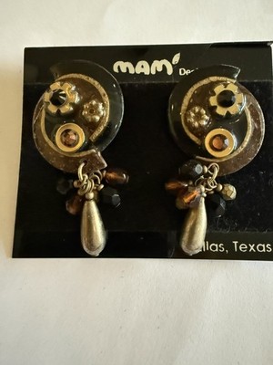 SIGNED MAM brown and black flower DANGLE DROP STUD EARRINGS New 
