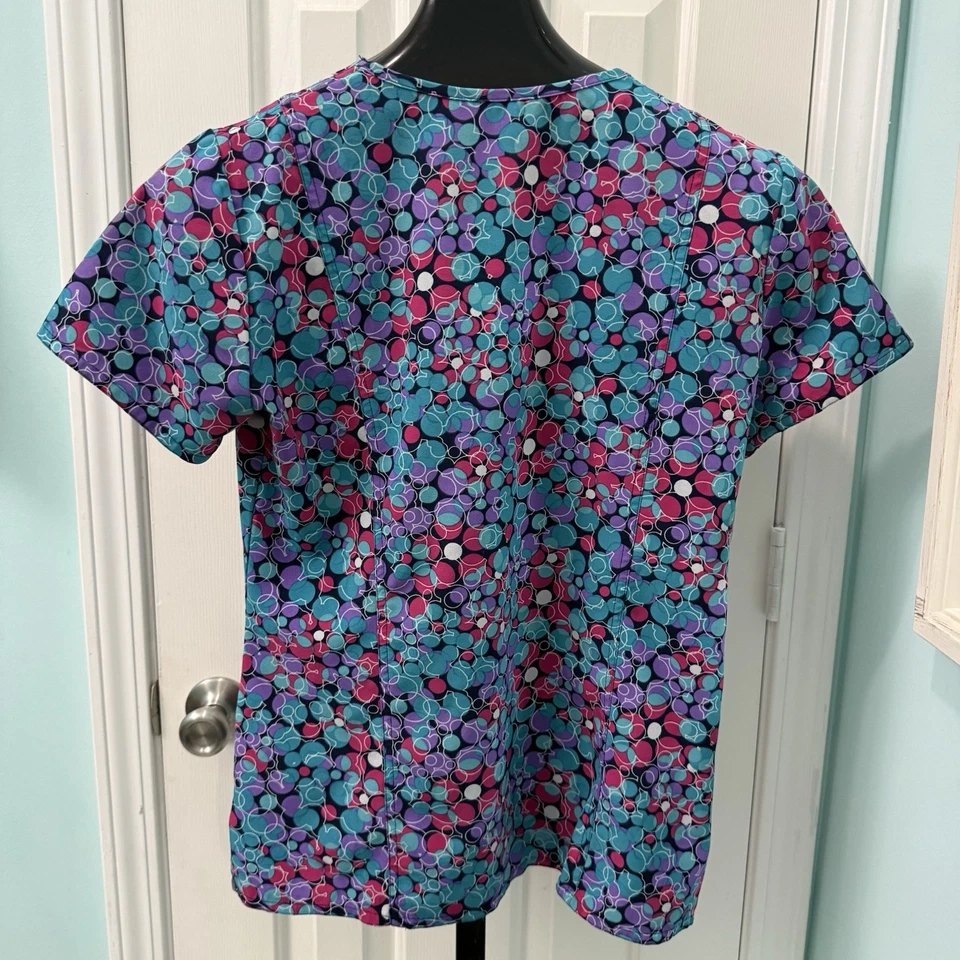 Med Couture Women's Size Medium Teal Purple Pink Polka Dot Fun Scrub Top - Image 3 of 4