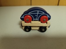 Wooden Railway Car transporter Train with Blue Car Very Good Condition