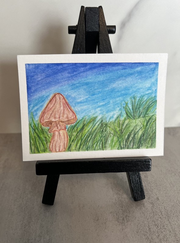 ACEO Mushroom In A Field | Watercolor Painting | Miniature Art Trading Card