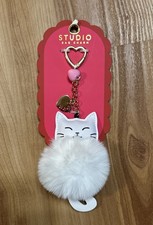 Studio Bag Charm Key Chain Faux Fur Cat Design with Pink Heart