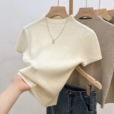 Women Basic Turtleneck Knit Sweater Slim Fit Short Sleeve Summer Pullover
