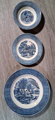 Vtg. Currier And Ives Royal 3-Piece Pre-Drilled Dish Set For Wall Display -Blue