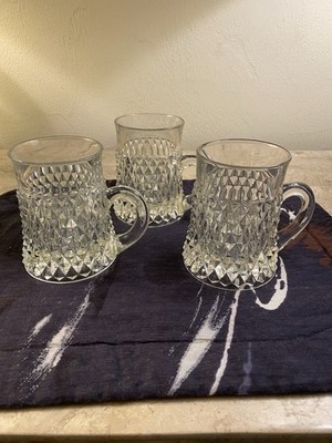 Vintage Indiana Glass Diamond Point Beer Glass/ Coffee Cups Clear Set of 3