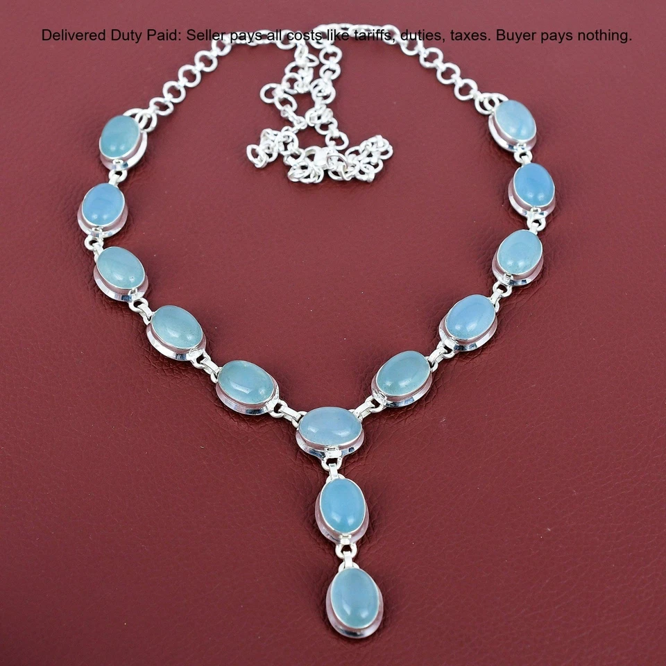 Collar de cadena de piedras preciosas aguamarina de plata de ley 925 para mujer Foto 2 de 4
