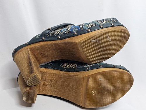 Sanita Clog Mules Womens 38 US 6.5/7 Blue Paisley Wooden Platform Block Heel - Picture 7 of 7
