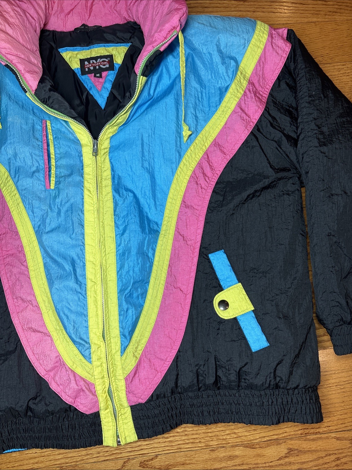 Vtg Rare Retro NY Girl 1980s Neon Puffer Ski Jacket Coat Zip Medium Unisex image 5