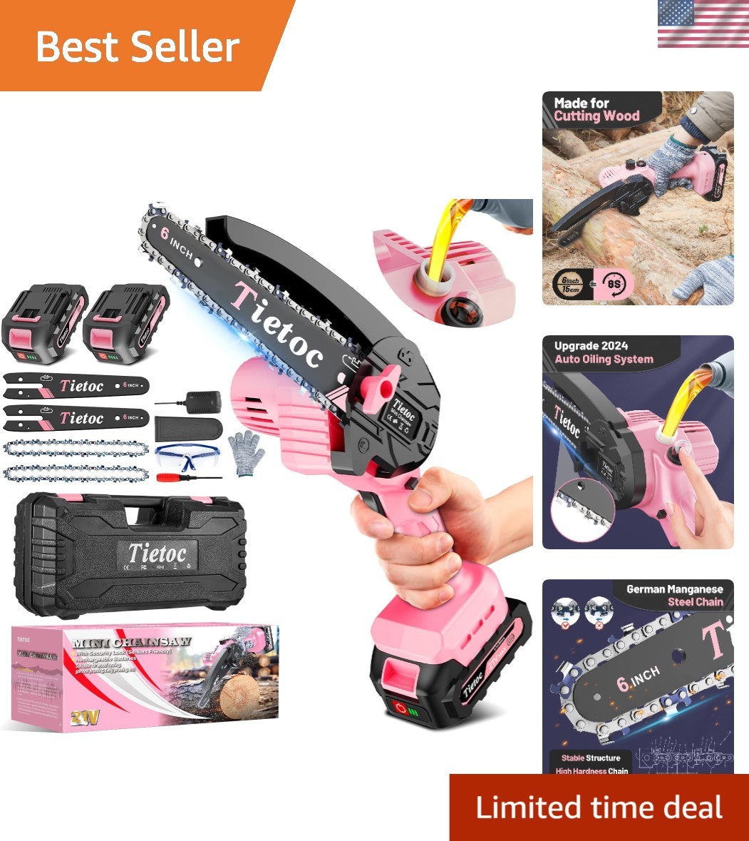 Effortless Cutting with 6-Inch Mini Chainsaw - Safety Gear Included, Pink Style