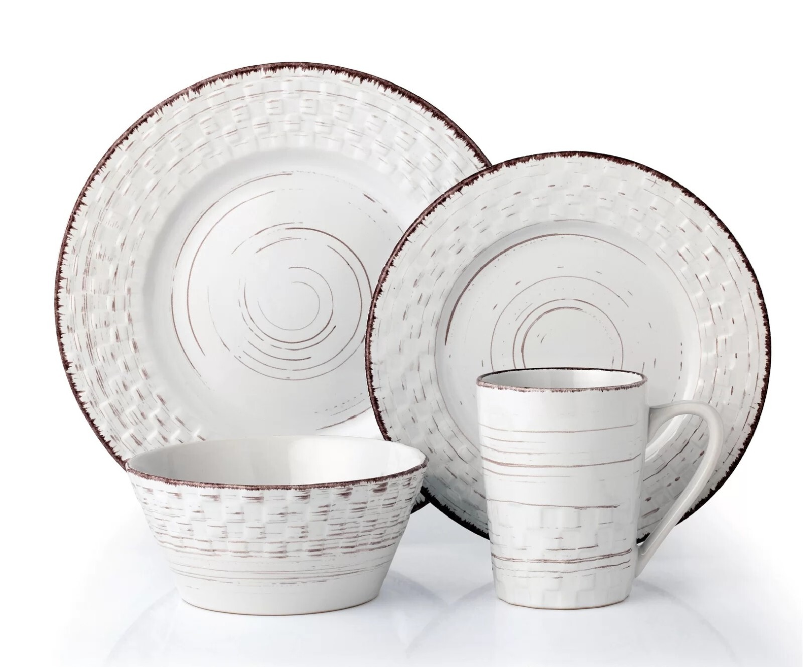 White 16 Piece Stoneware Weave Distressed Design Food Servic
