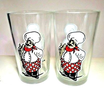 Set of TWO Italian Chef Baking Bread Cook Checkered Apron 16 oz Pint Glasses-VTG