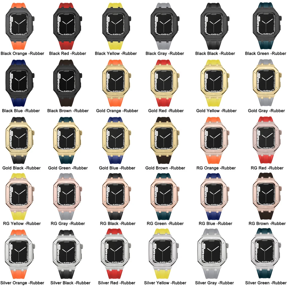 Stainless Steel Case Rubber Strap For Apple Watch Band 9 8 7 6 5 44/45mm Mod Kit - Image 2 of 4