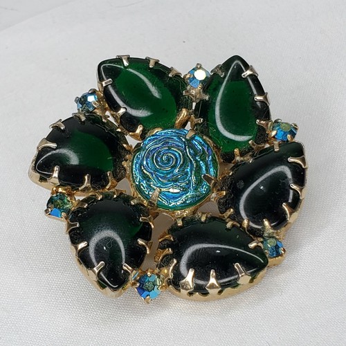 Vintage Formglas Brosche grüne Steine Türkis Blume hinten offen goldfarben - Bild 11 von 12