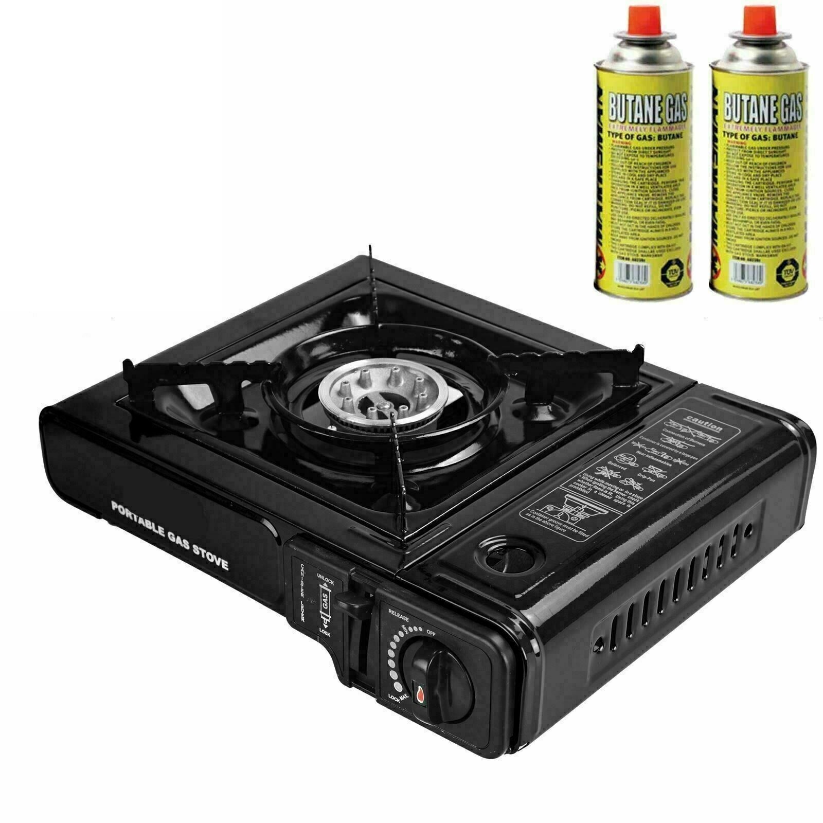 Portable Gas Stove Cooker Grill Single Burner Hob+2 Refill Canisters for Camping
