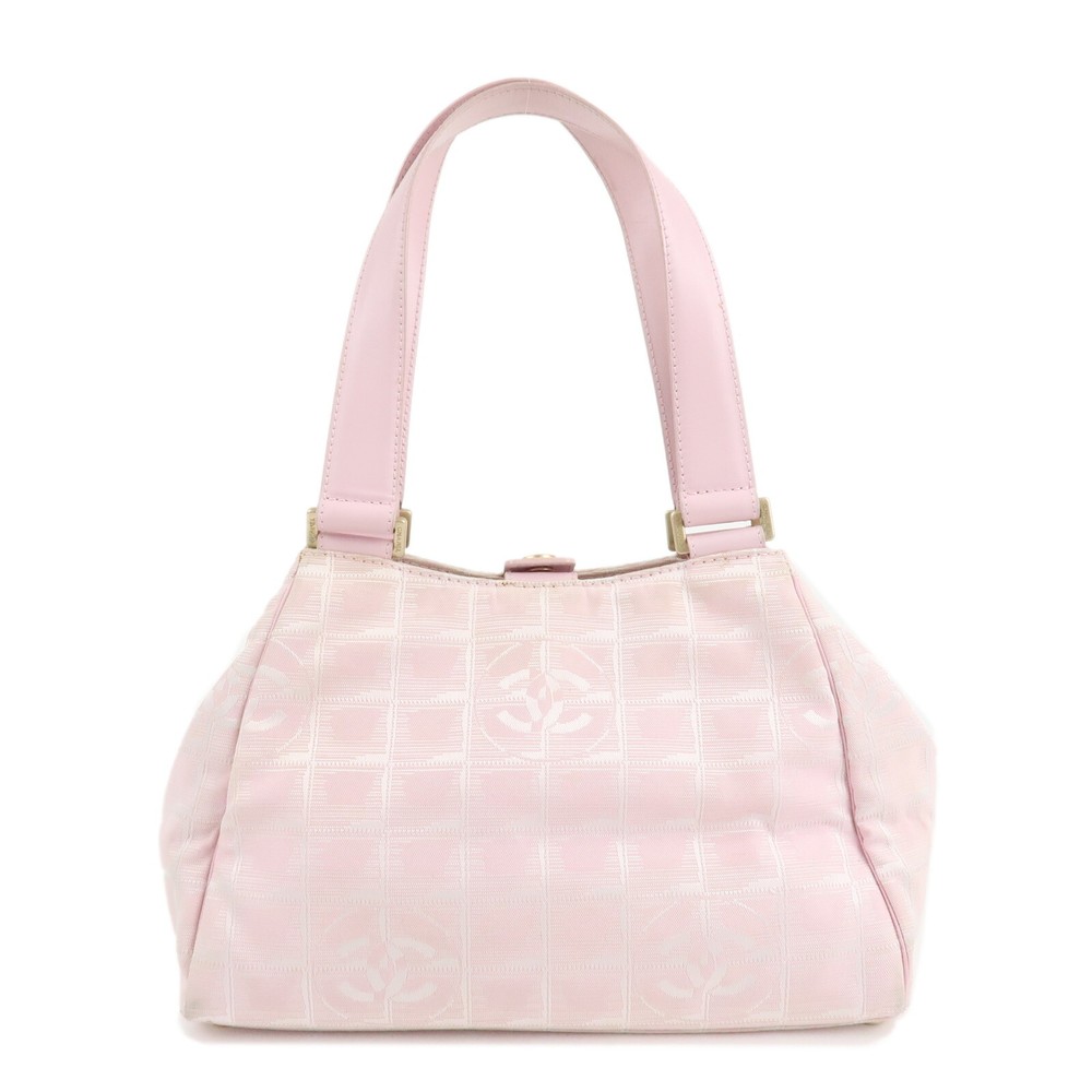 Auth CHANEL New Travel Line Nylon Jacquard Leather Hand Bag Pink A20518 Used F/S