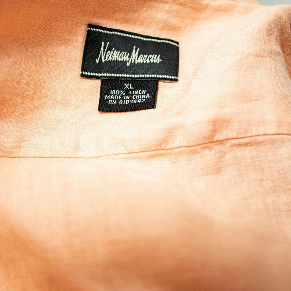 NEIMAN MARCUS New Orange Peach Solid Linen Men Short Sleeve Shirt Size XL - Image 2 of 4