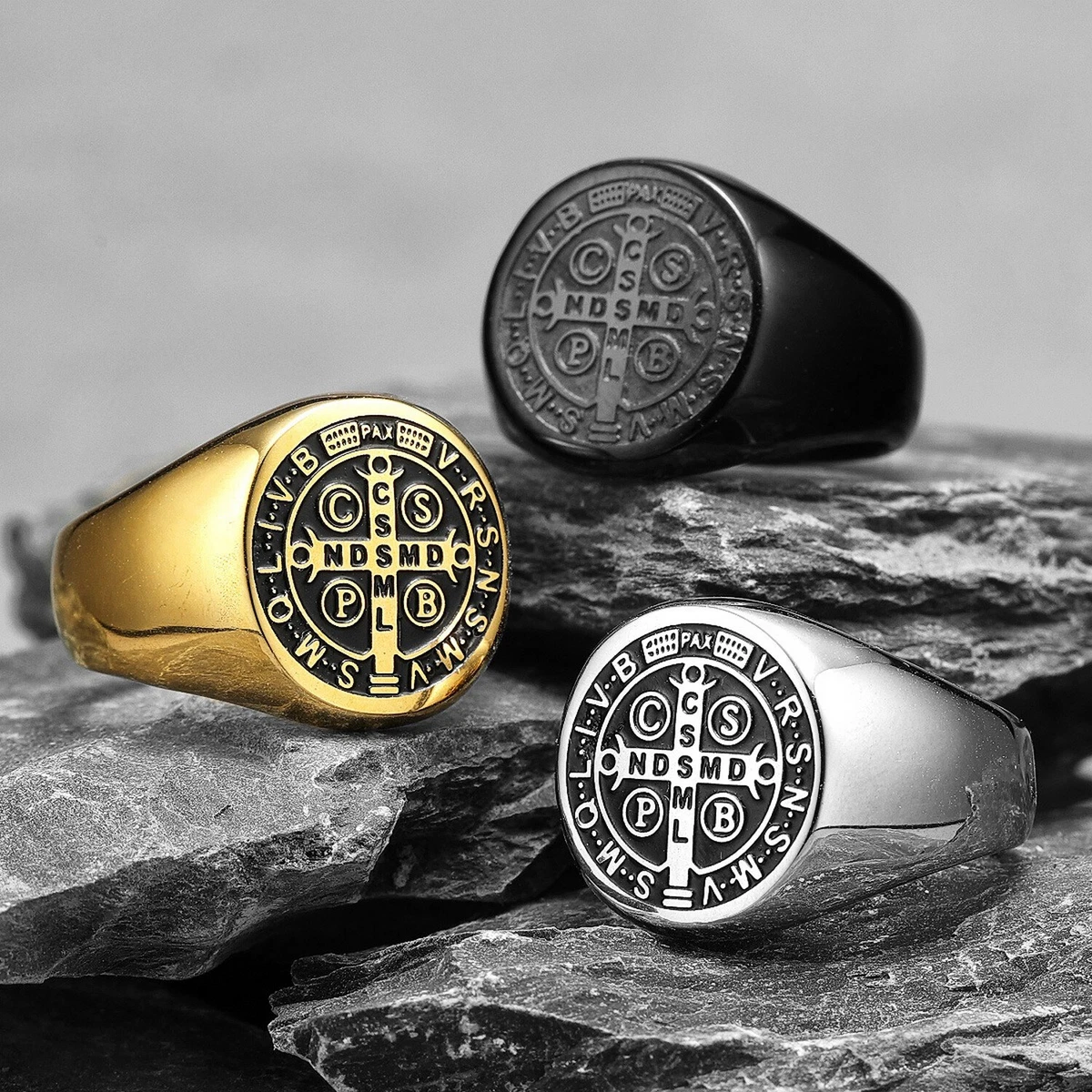 Exorcism amulet Men Ring Never Fade Stainless Steel Saint Benedict