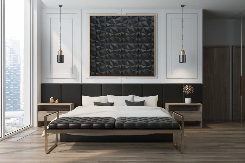 Paneles de pared 3D negros PVC para pared de acento - Paquete de 12 azulejos de 19,7"x19,7" - 32 pies cuadrados Foto 2 de 4