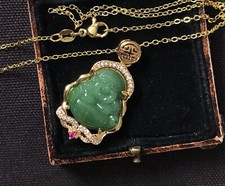 Vintage Style Natural Green Gemstone And Crystal Buddha necklace 18K Gold Plated