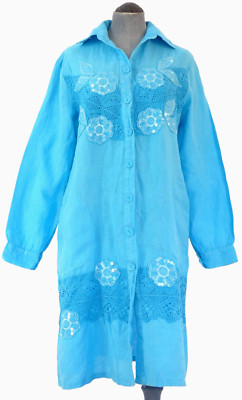 Hemdblusenkleid Strand Cover Up Bohemian Candy Blau Italienisch Häkel Leinen Gr. S