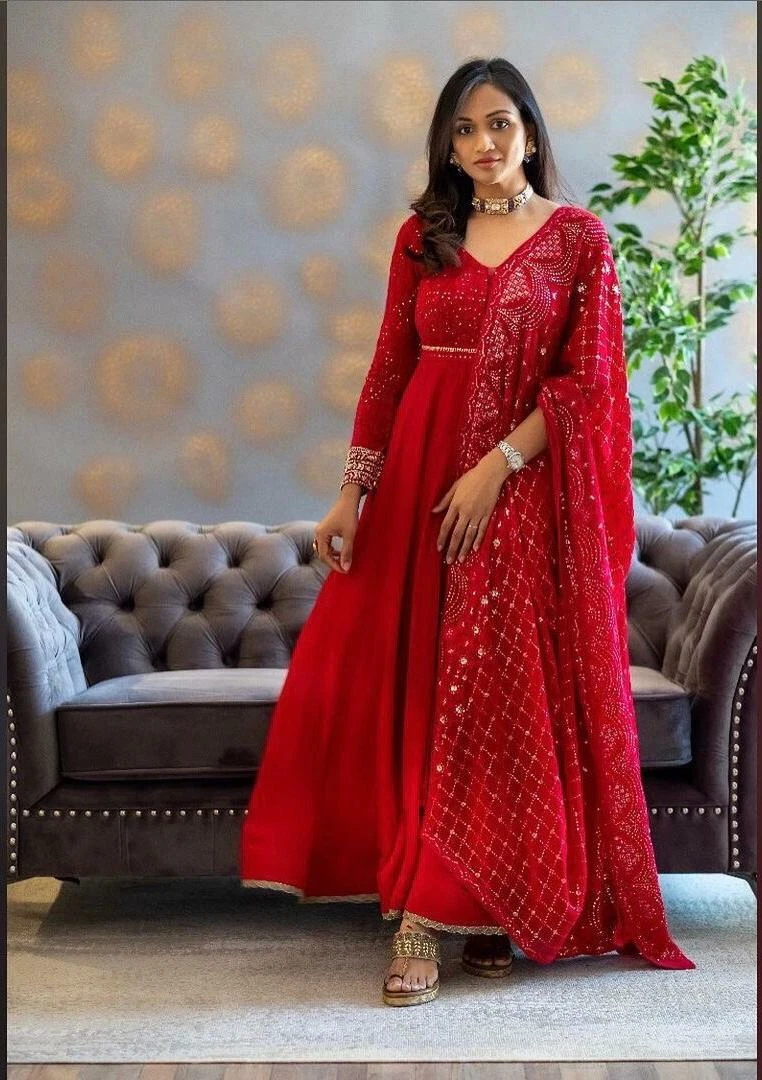 Work Red Gown Mexi Dress Sequin Salwar Kamee Designer Dress India | eBay