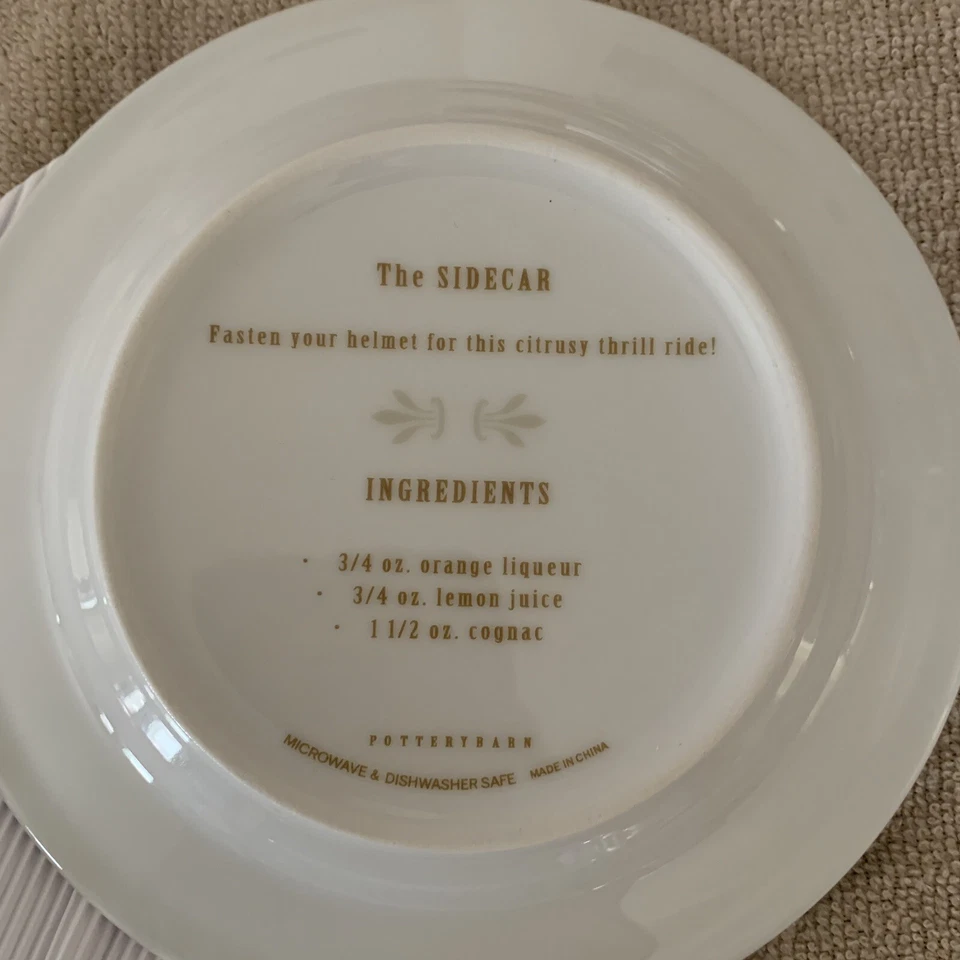 POTTERY BARN~ Juego de 4 platos de aperitivos/postre usados "Pasaporte Cocktail" caprichosos Foto 3 de 4