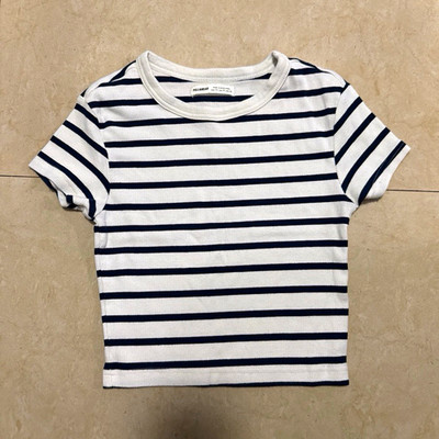 Pull&Bear M White/Blue Striped Knit Crew Neck Short Sleeve Pullover T-Shirt