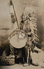 Plains Indian Chief w Ghost Dance Shield Native American RPPC Postcard COPY