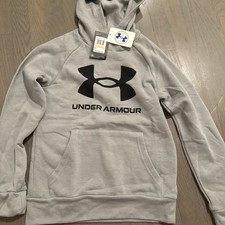 Under Armour Boys' Rival Fleece Hoodie Size Small Gray with big black logo