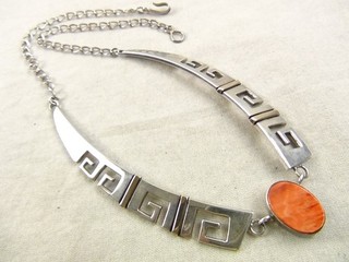Heavy 35g 19" Native Signed Sterling 14K Spiny Oyster Chain Necklace Navajo