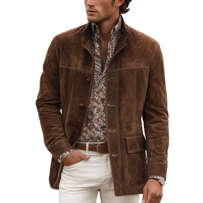 Men's Suede Leather Barn Coat Brown Distressed Vintage Farm Style Jacket S-3XL