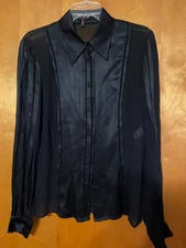 ESCADA SILK SEMI-SHEER BLOUSE IN BLACK PLEATED SLEEVES WITH RIBBON ACCENT 38 M