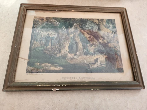Original Currier/Ives Lithograph Print C.1865 SQUIRREL SHOOTING In antique Frame